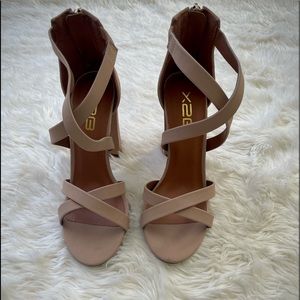 Double Strap Criss-Cross Chunky Heel Nude